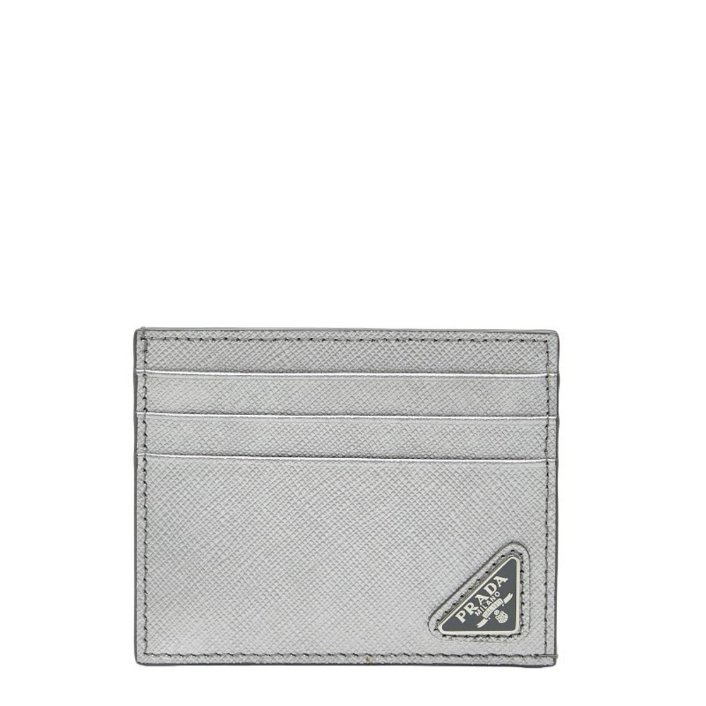 Prada Triangle Plate Card Case Wallet Silver Leather